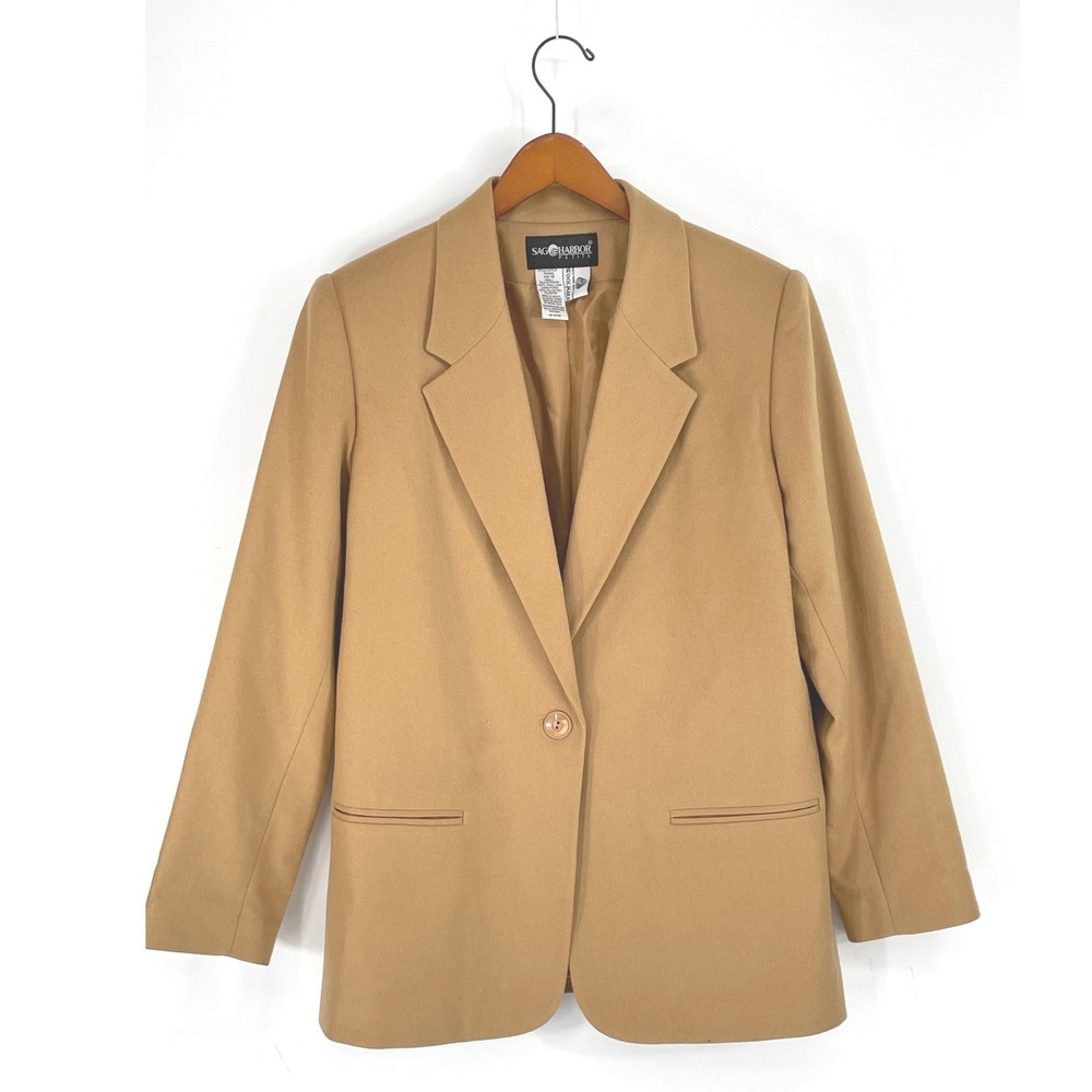 Sag Harbor Petite Womens Blazer 12 Jacket Camel Tan 100% Wool One Button Preppy